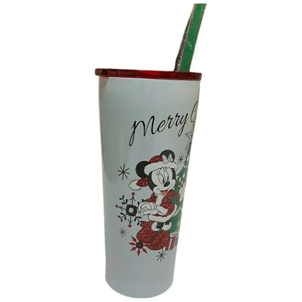Disney Holiday Mickey Minnie Merry Christmas 22 Oz Tumbler Straw Tree Santa Hat.
